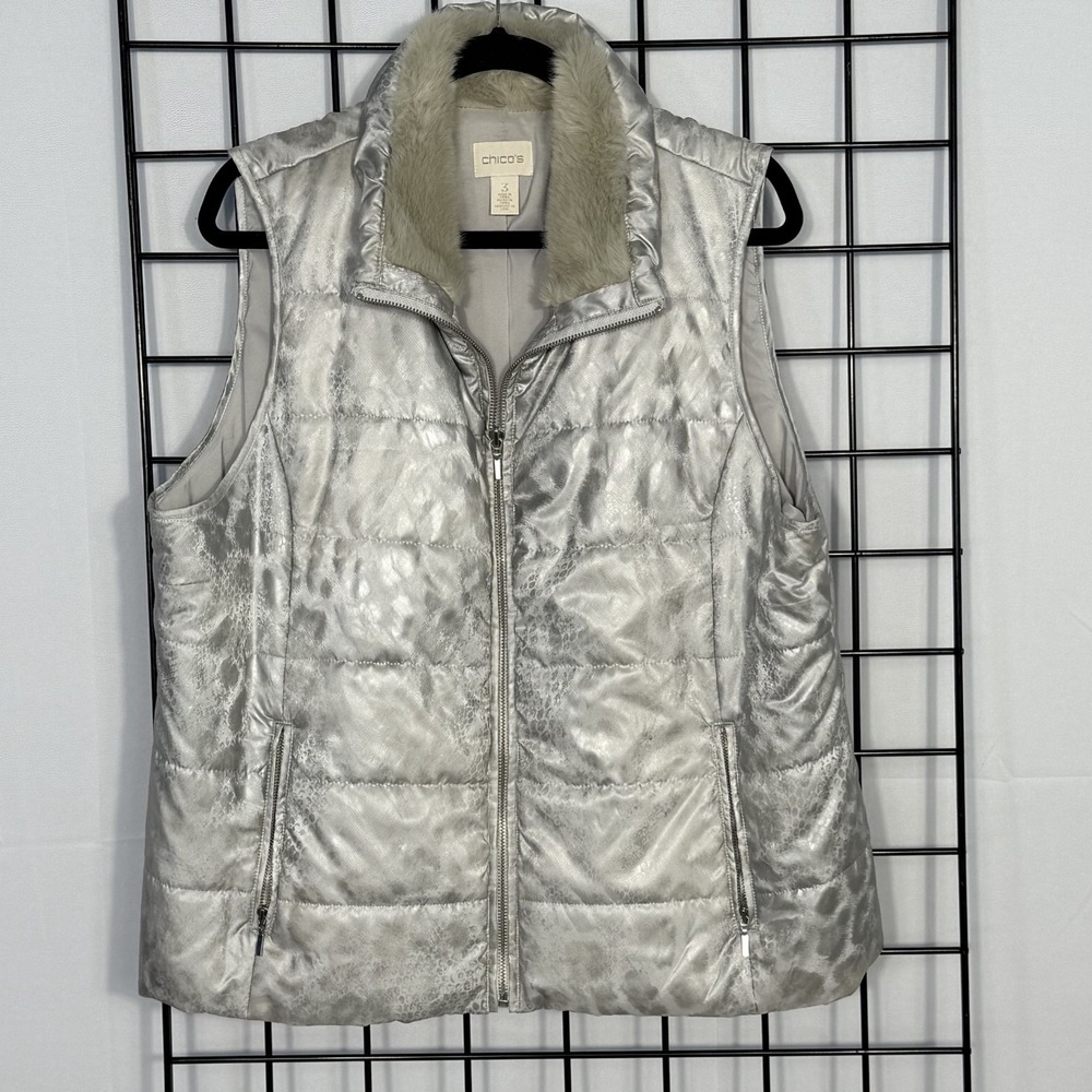 Chico's Quilted Vest‎ Womens 3 XL Silver Faux Fur Animal Print Boho Metallic